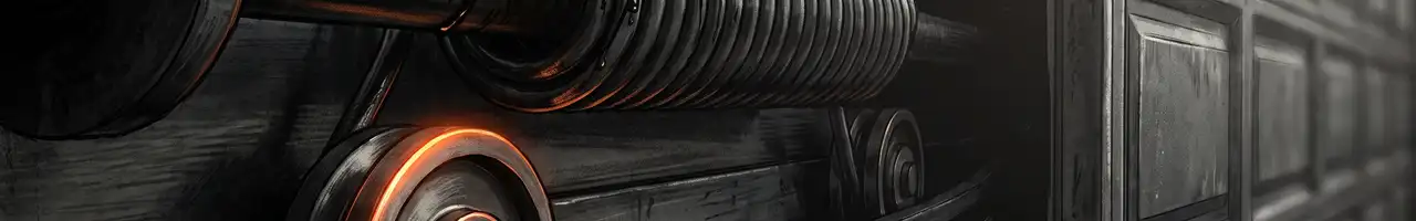 Close-up illustration of a torsion spring under tension on a garage door track, with a roller catching the light and door panels visible at the edge of the frame.